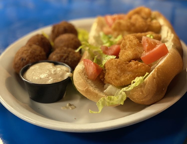 Jumbo Shrimp Po'Boy with hush puppies